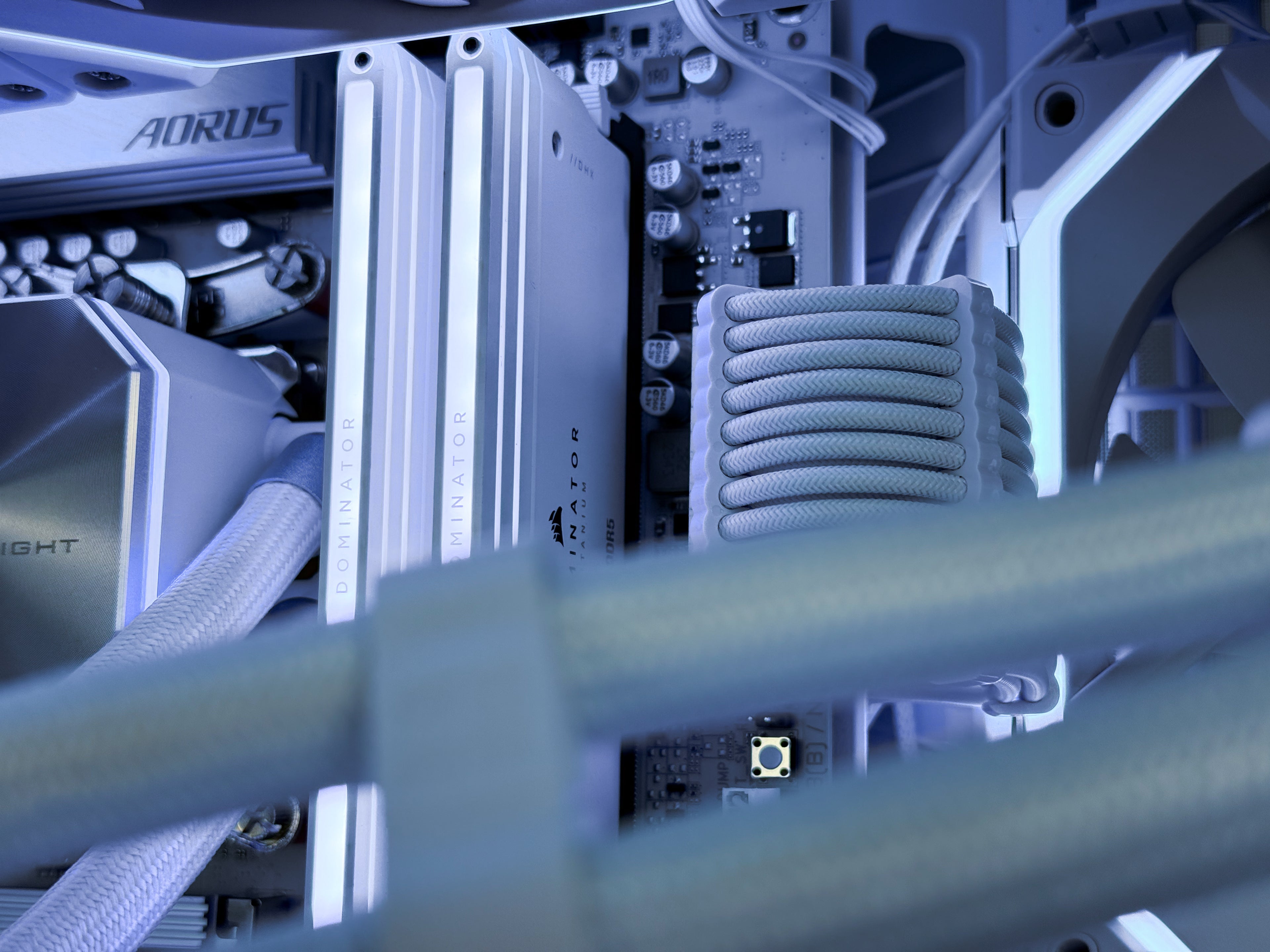 Close-up of a computer motherboard with visible branding and components.